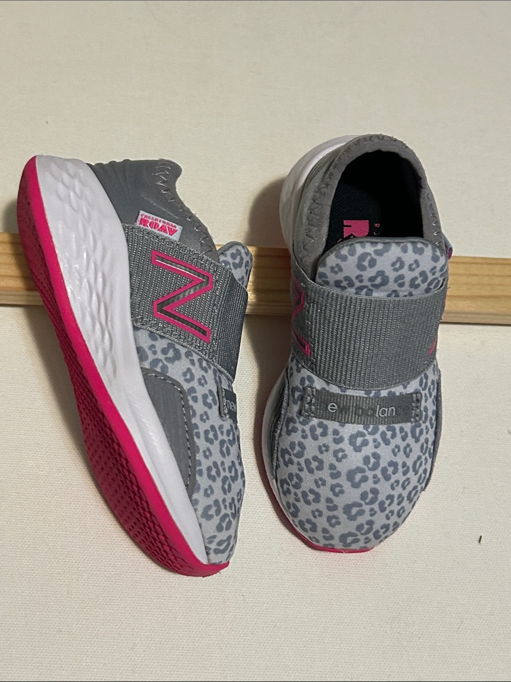 New Balance Kids Gray Leopard Slip-On Sneakers with Pink Trim